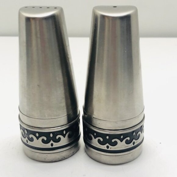 Vintage Salt And Pepper Shaker Set Stainless Steel Deluxe Black Wave Inlay Japan - Picture 3 of 12